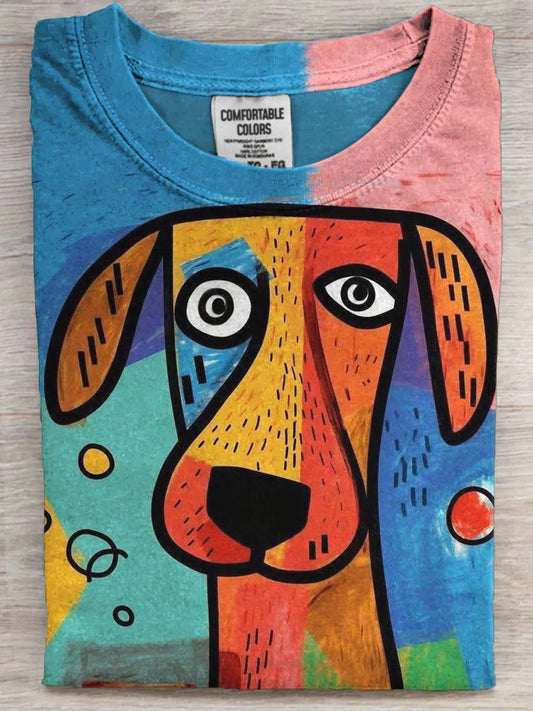 Abstrakcyjna kolorowa Puppy Print Casual Koszulka z krótkim rękawem