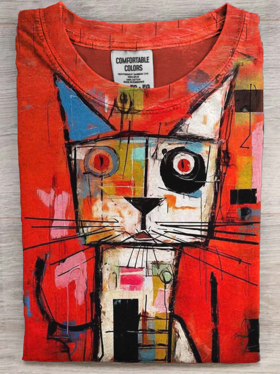 Abstrakcyjna kolorowa koszulka z krótkim rękawem Cat Print Casual