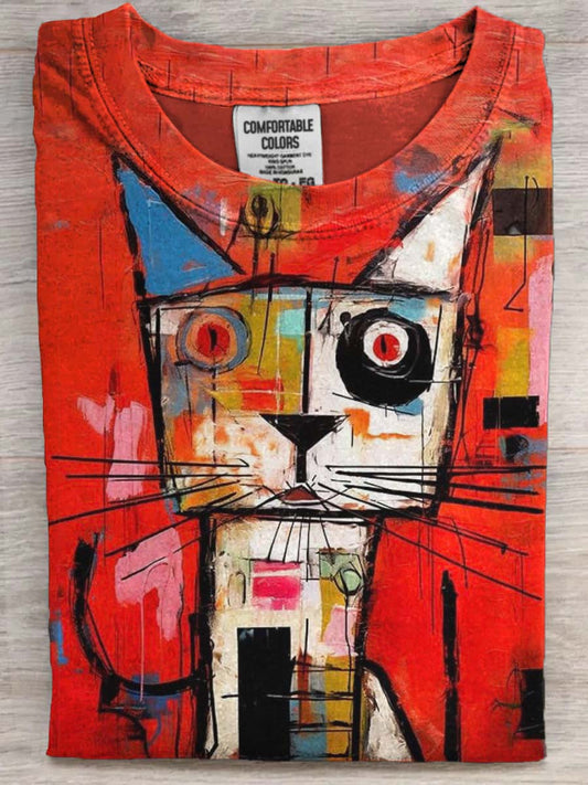 Abstrakcyjna kolorowa koszulka z krótkim rękawem Cat Print Casual
