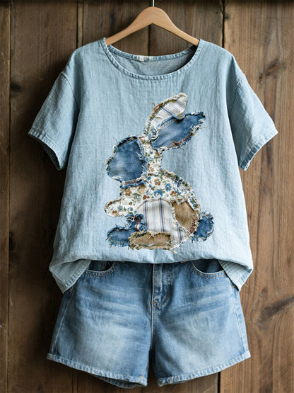 Damski Królik Patchwork Art Print Casual Top