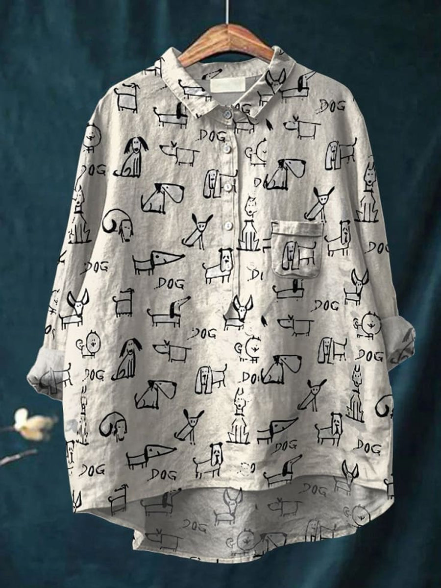 Bawełniana koszula lniana z okrągłym dekoltem w stylu retro Boho Pet z nadrukiem i okrągłym dekoltem