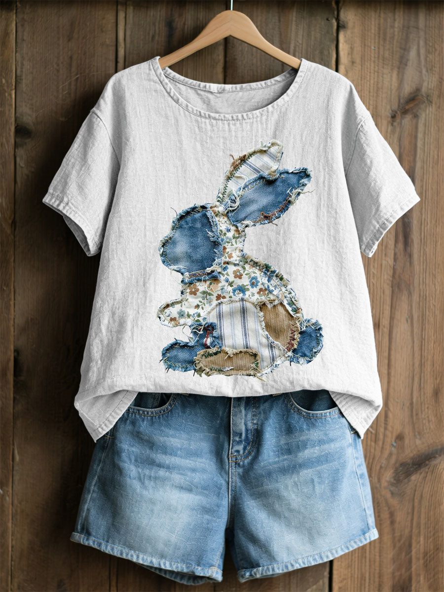 Damski Królik Patchwork Art Print Casual Top