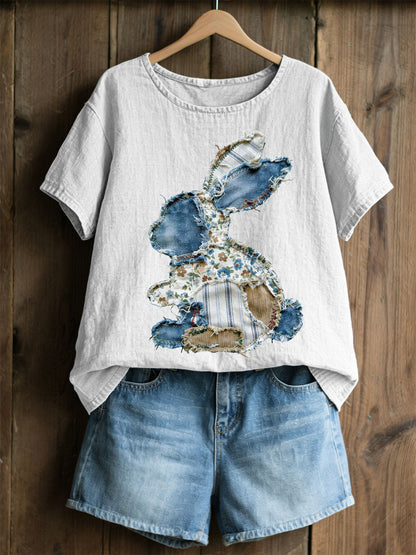 Damski Królik Patchwork Art Print Casual Top