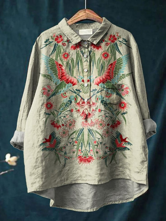 Bawełniana koszula lniana z okrągłym dekoltem w stylu retro Boho z kwiatowym nadrukiem