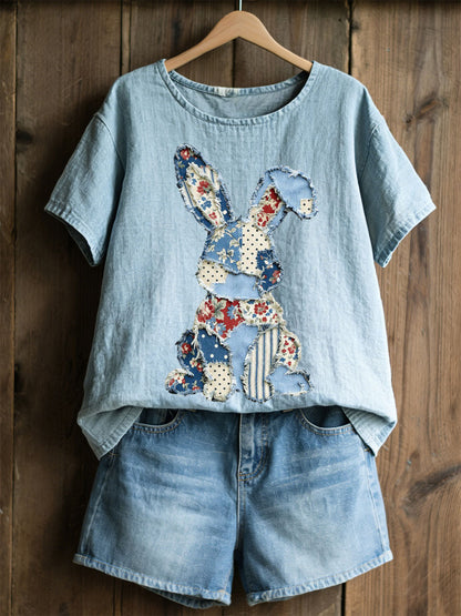 Damski Królik Patchwork Art Print Casual Top