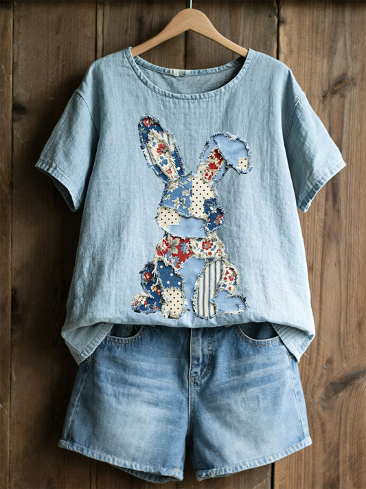 Damski Królik Patchwork Art Print Casual Top