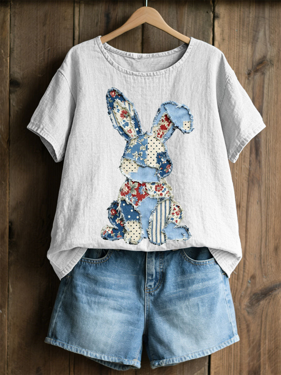 Damski Królik Patchwork Art Print Casual Top