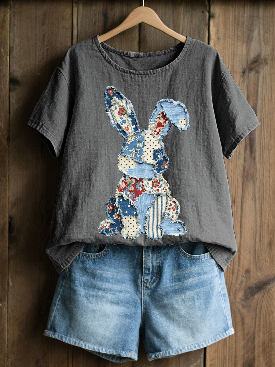 Damski Królik Patchwork Art Print Casual Top