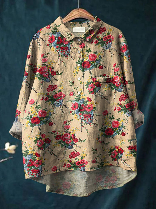 Damska koszulka z okrągłym dekoltem w kwiaty w stylu retro