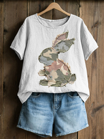 Damski Królik Patchwork Art Print Casual Top