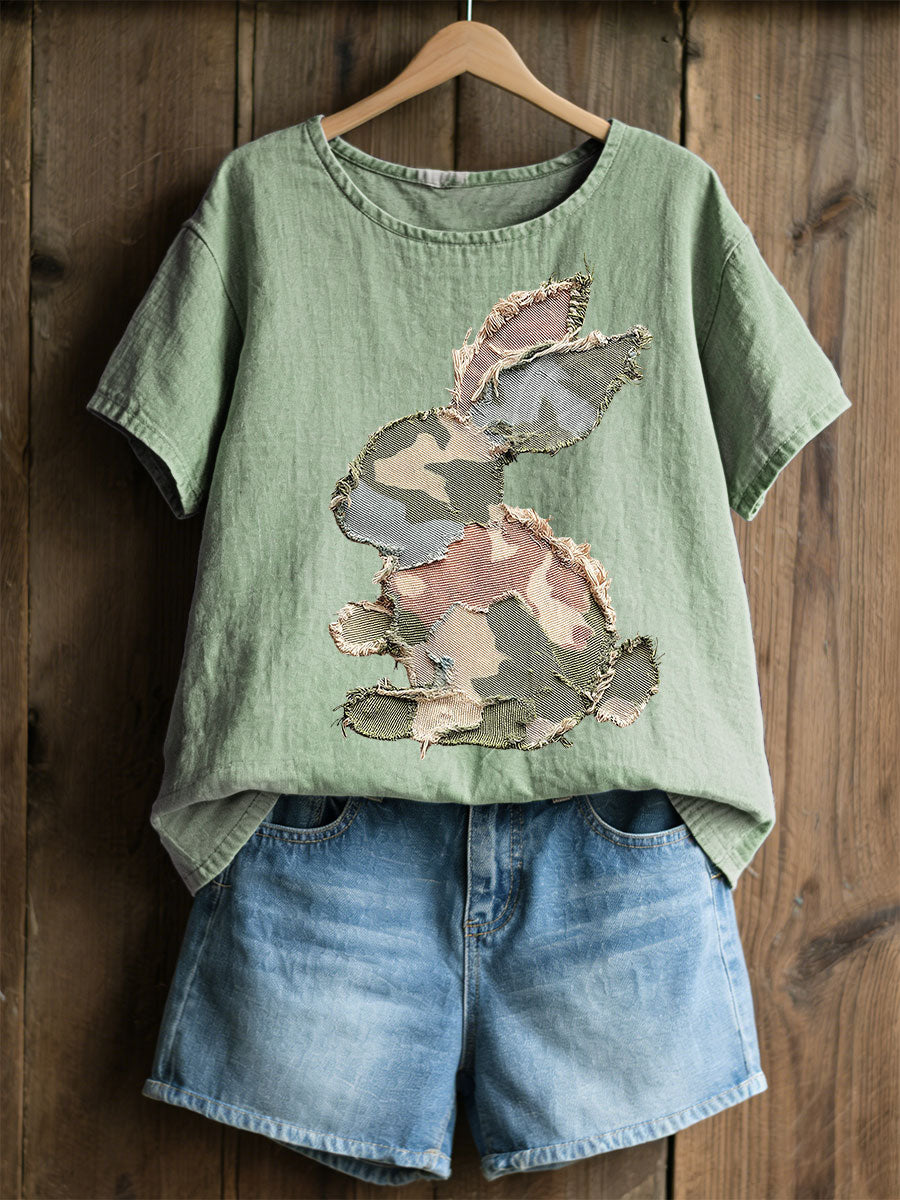 Damski Królik Patchwork Art Print Casual Top