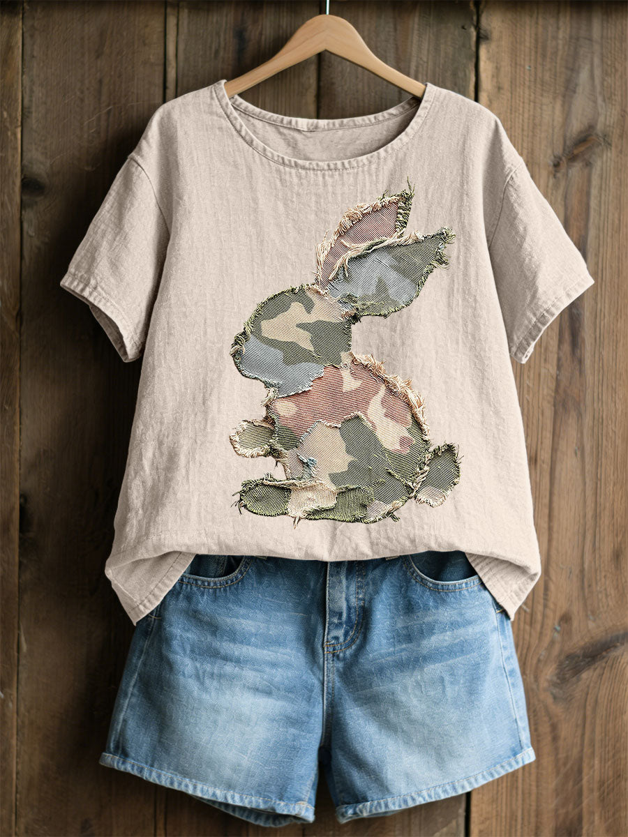 Damski Królik Patchwork Art Print Casual Top