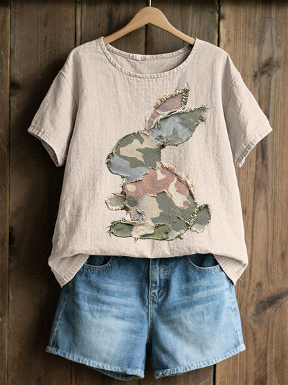 Damski Królik Patchwork Art Print Casual Top