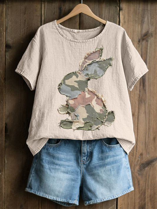 Damski Królik Patchwork Art Print Casual Top