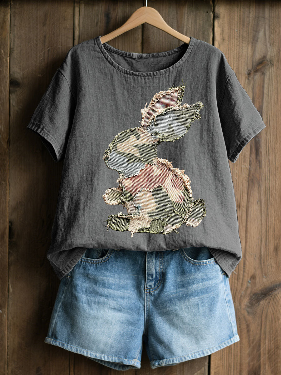 Damski Królik Patchwork Art Print Casual Top