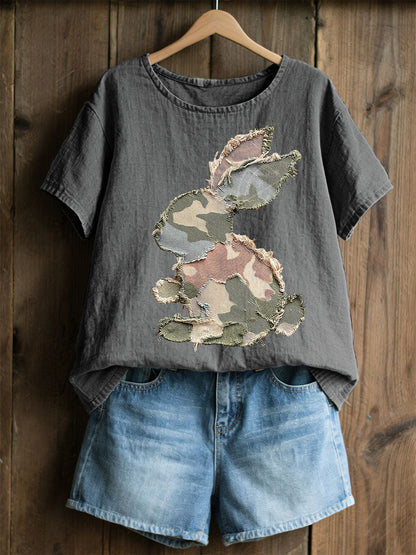 Damski Królik Patchwork Art Print Casual Top