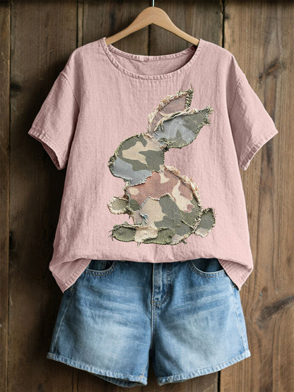 Damski Królik Patchwork Art Print Casual Top