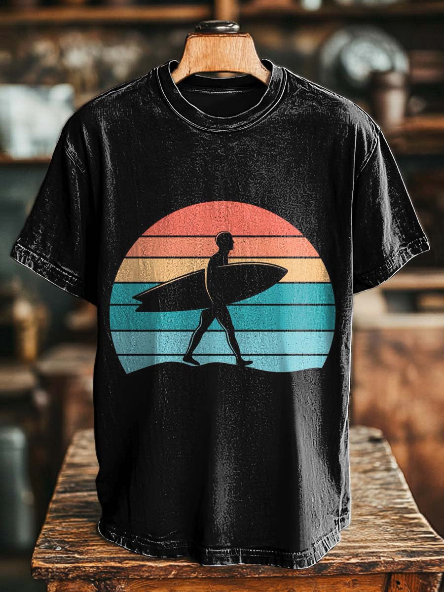 Sunset Surfer Silhouette Print Casual Koszulka z krótkim rękawem