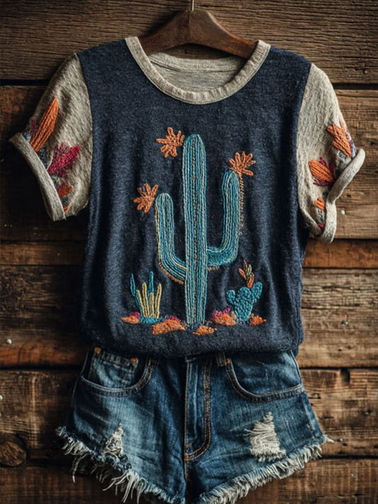 Damska koszulka z krótkim rękawem Vintage Cactus Flowers