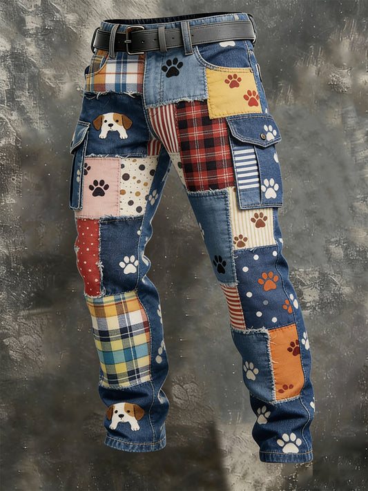 Męskie spodnie w stylu vintage z patchworkowym nadrukiem zwierzęcym na co dzień