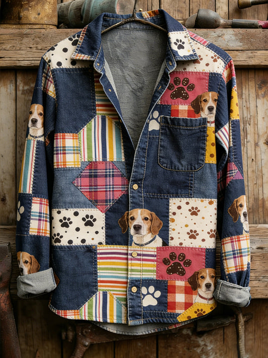 Męska koszula w stylu vintage z patchworkiem z nadrukiem
