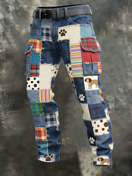 Męskie spodnie w stylu vintage z patchworkowym nadrukiem zwierzęcym na co dzień