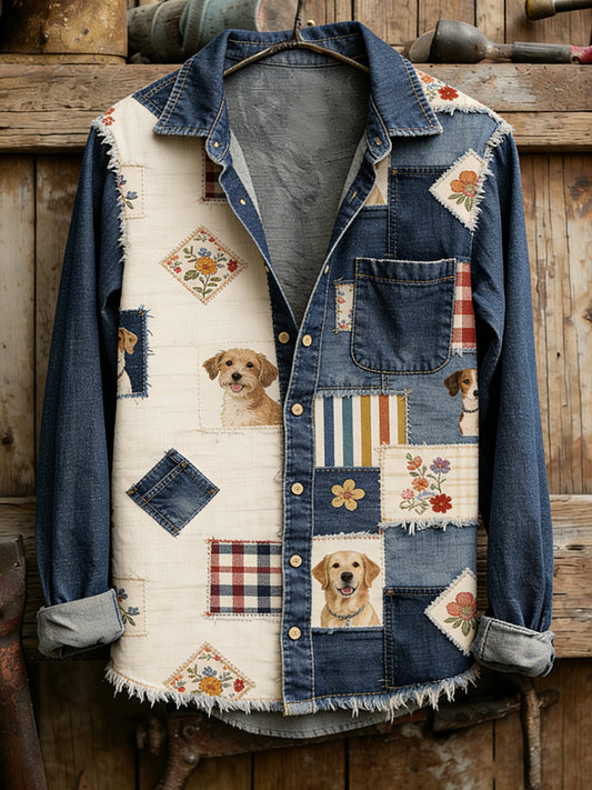 Męska koszula w stylu vintage z patchworkowym nadrukiem psów na co dzień