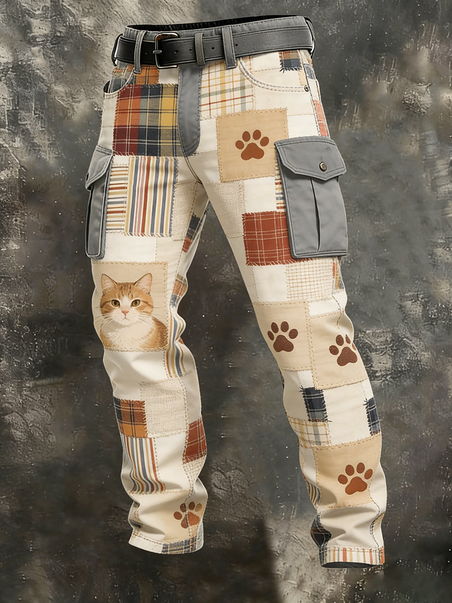 Męskie spodnie w stylu vintage ze zwierzętami Patchwork Print Casual