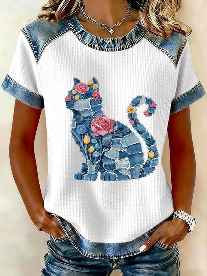 Damski kot i kwiatowy nadruk Casual T-Shirt
