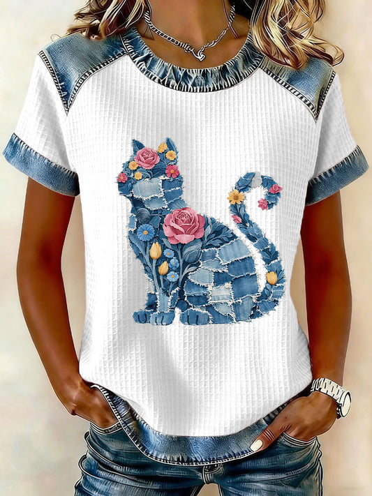 Damski kot i kwiatowy nadruk Casual T-Shirt