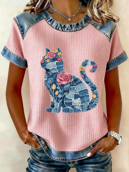 Damski kot i kwiatowy nadruk Casual T-Shirt