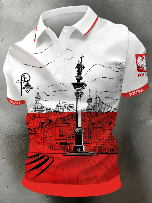 Męska słynna polska koszulka polo w budynku historycznym z nadrukiem artystycznym