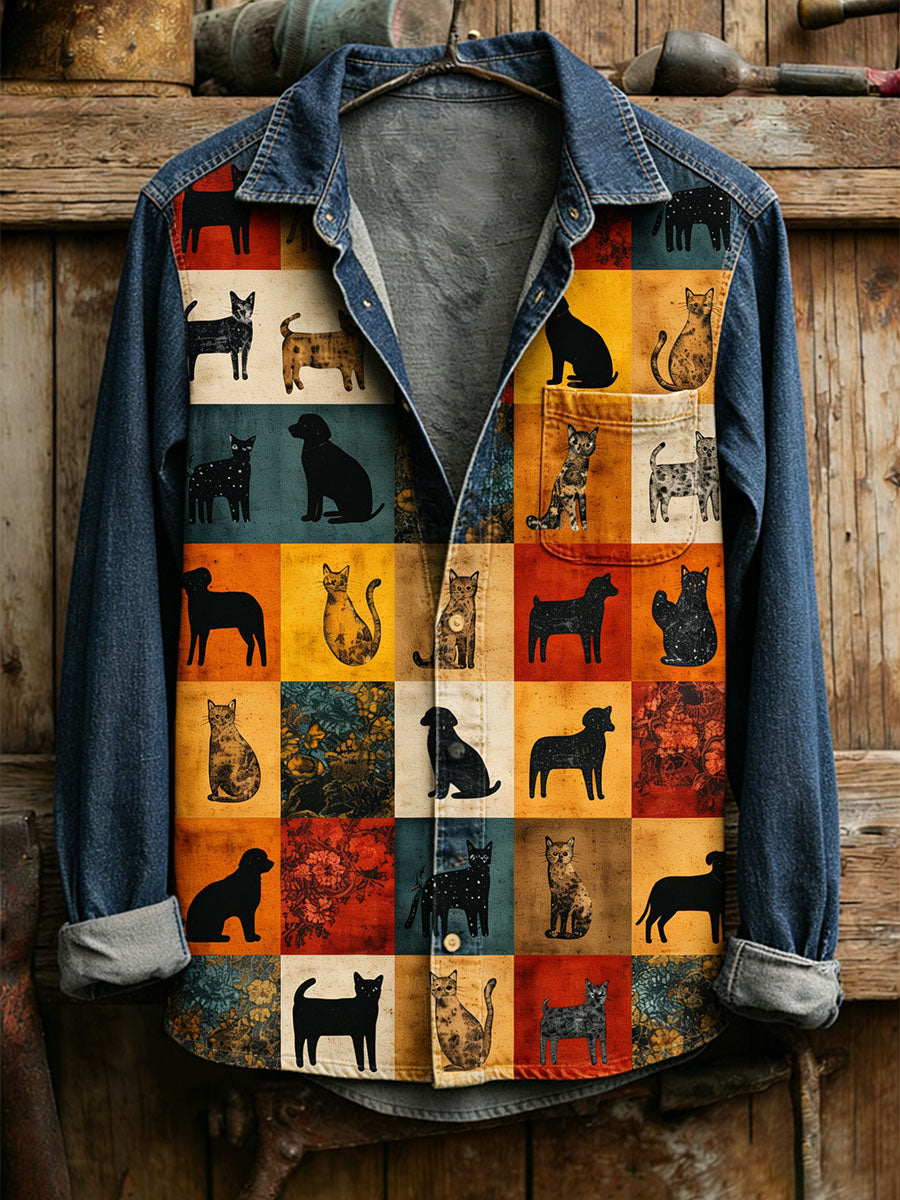 Męska koszula w stylu vintage Cat Patchwork Print Casual