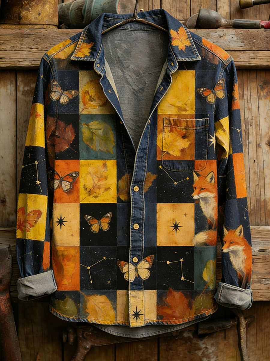 Męska koszula w stylu vintage z patchworkowym nadrukiem kota, na co dzień