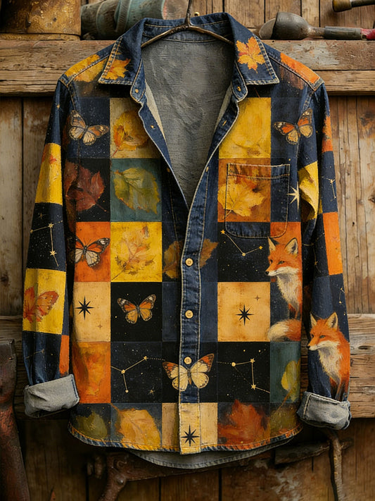 Męska koszula w stylu vintage z patchworkowym nadrukiem kota, na co dzień