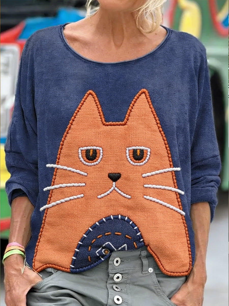 Damska bluza z nadrukiem w stylu cute cat patchwork