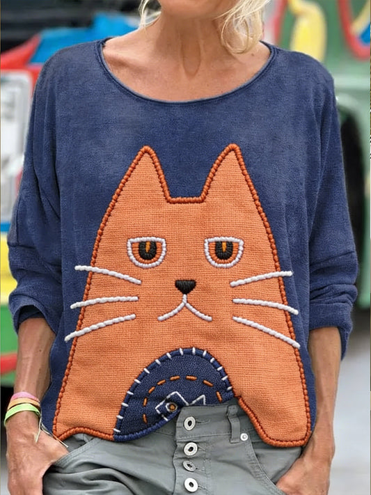 Damska bluza z nadrukiem w stylu cute cat patchwork
