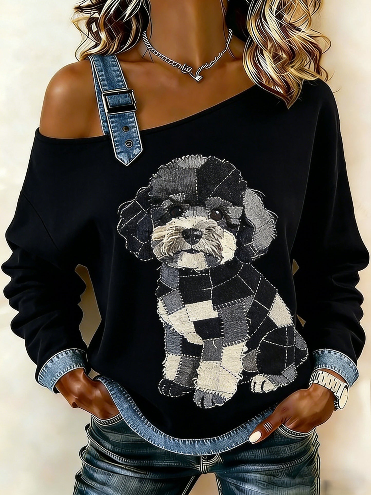 Damska bluza z motywem patchworku z nadrukiem w stylu vintage