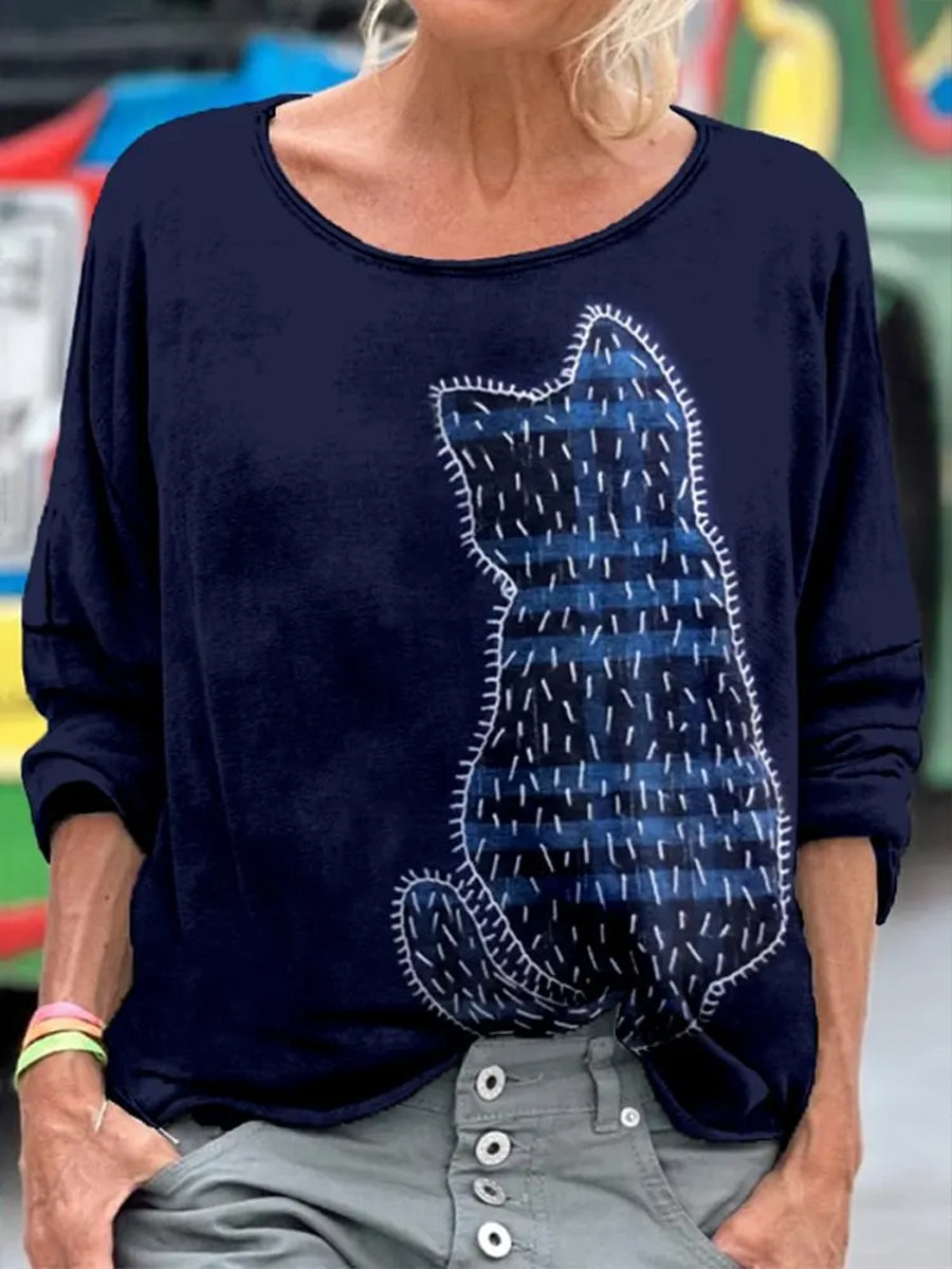 Damska bluza z nadrukiem w stylu cute cat patchwork