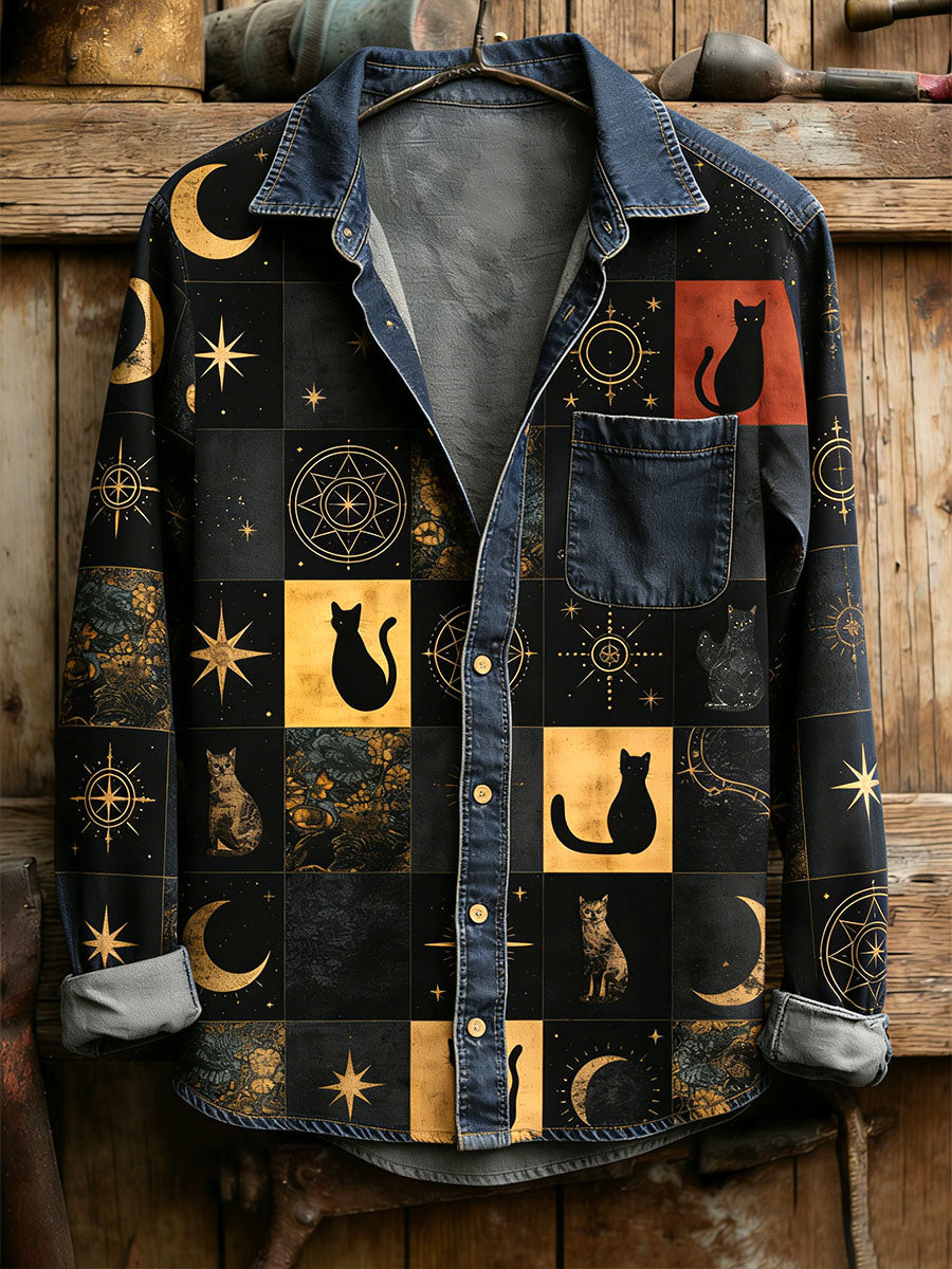 Męska koszula w stylu vintage Cat Patchwork Print Casual