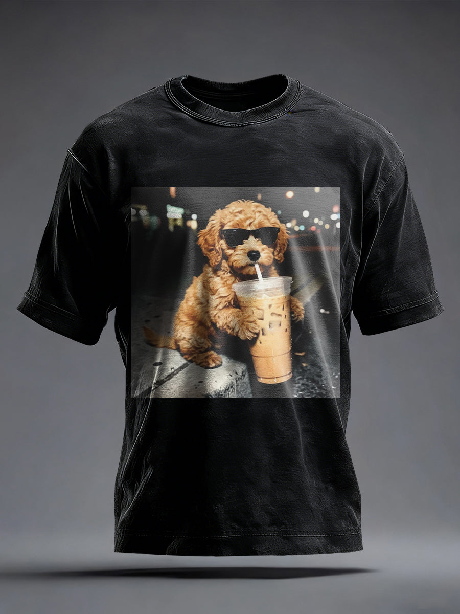 Męski zabawny pies do picia mrożonej kawy z nadrukiem Vintage T-Shirt