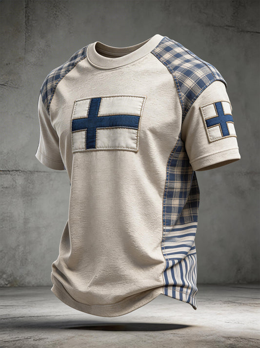 Męski T-shirt z flagą Finlandii w patchworkowym wzorze