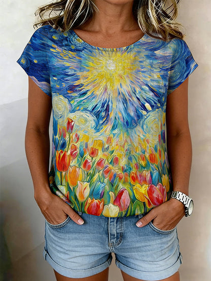 Damski Retro Obraz Olejny Gwiaździste Niebo Tulipan Print Casual Koszula z krótkim rękawem