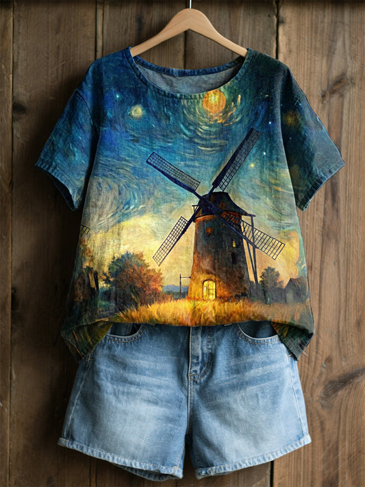 Damski Retro Obraz Olejny Gwiaździste Niebo Wiatrak Tulipan Print Casual Koszula z krótkim rękawem