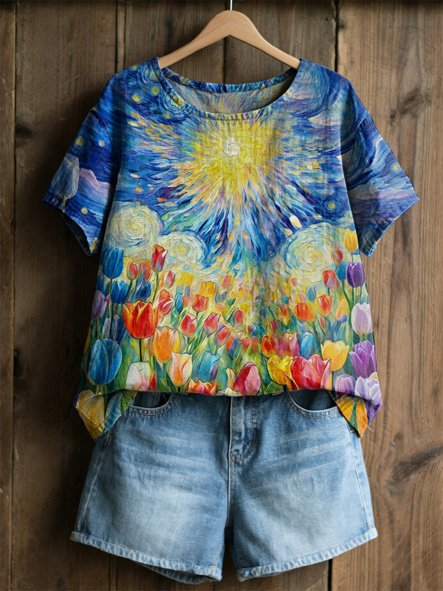 Damski Retro Obraz Olejny Gwiaździste Niebo Tulipan Print Casual Koszula z krótkim rękawem