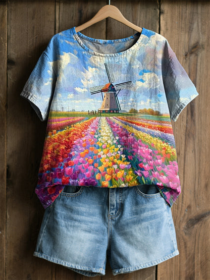 Damski Retro Obraz Olejny Wiatrak Tulipan Print Casual Koszula z krótkim rękawem