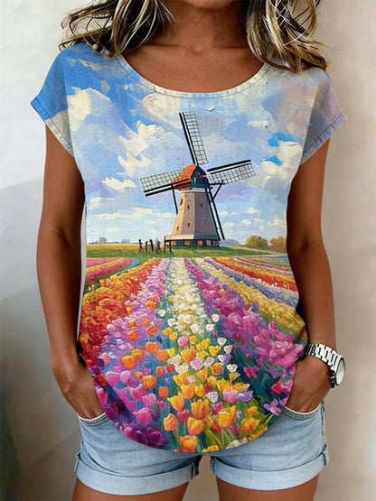 Damski Retro Obraz Olejny Wiatrak Tulipan Print Casual Koszula z krótkim rękawem