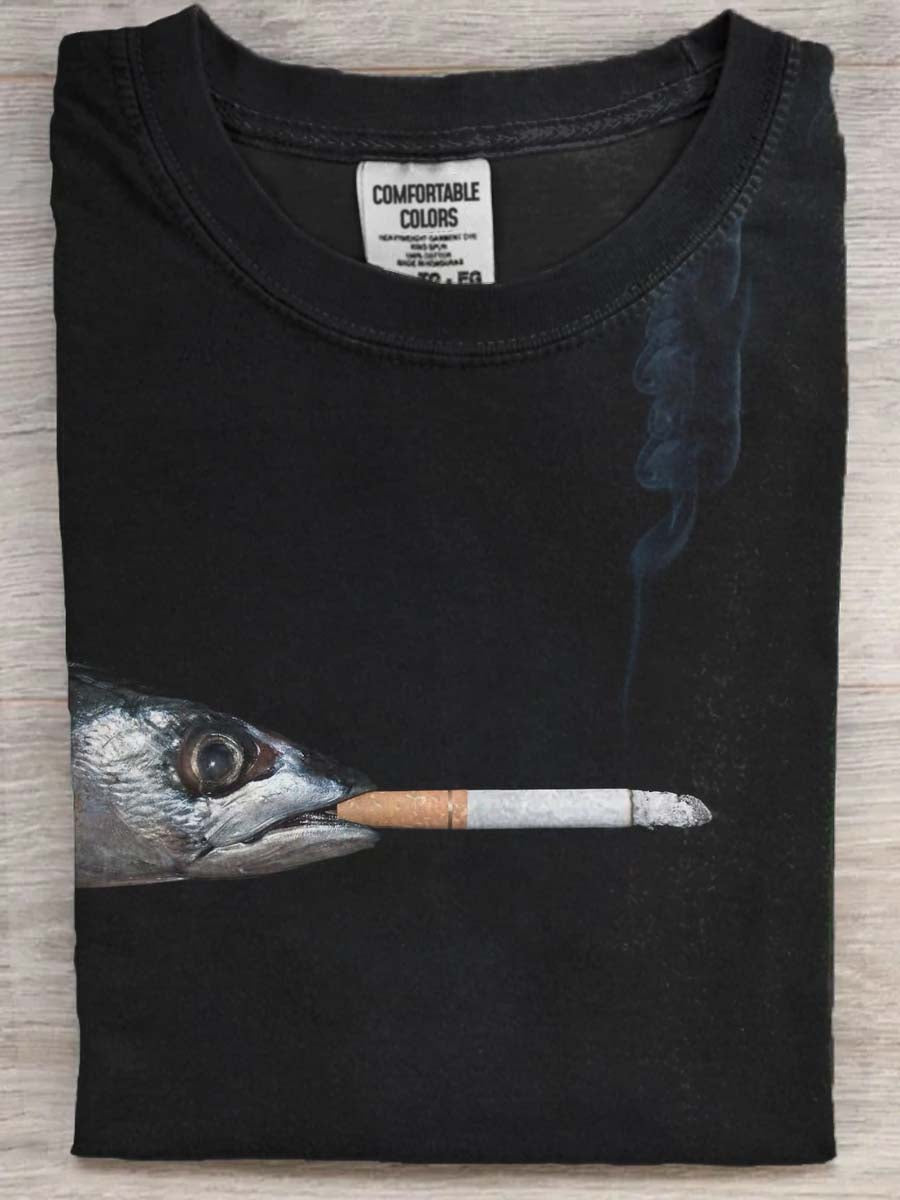 Funny Smoking Fish Print Casual Koszulka z krótkim rękawem