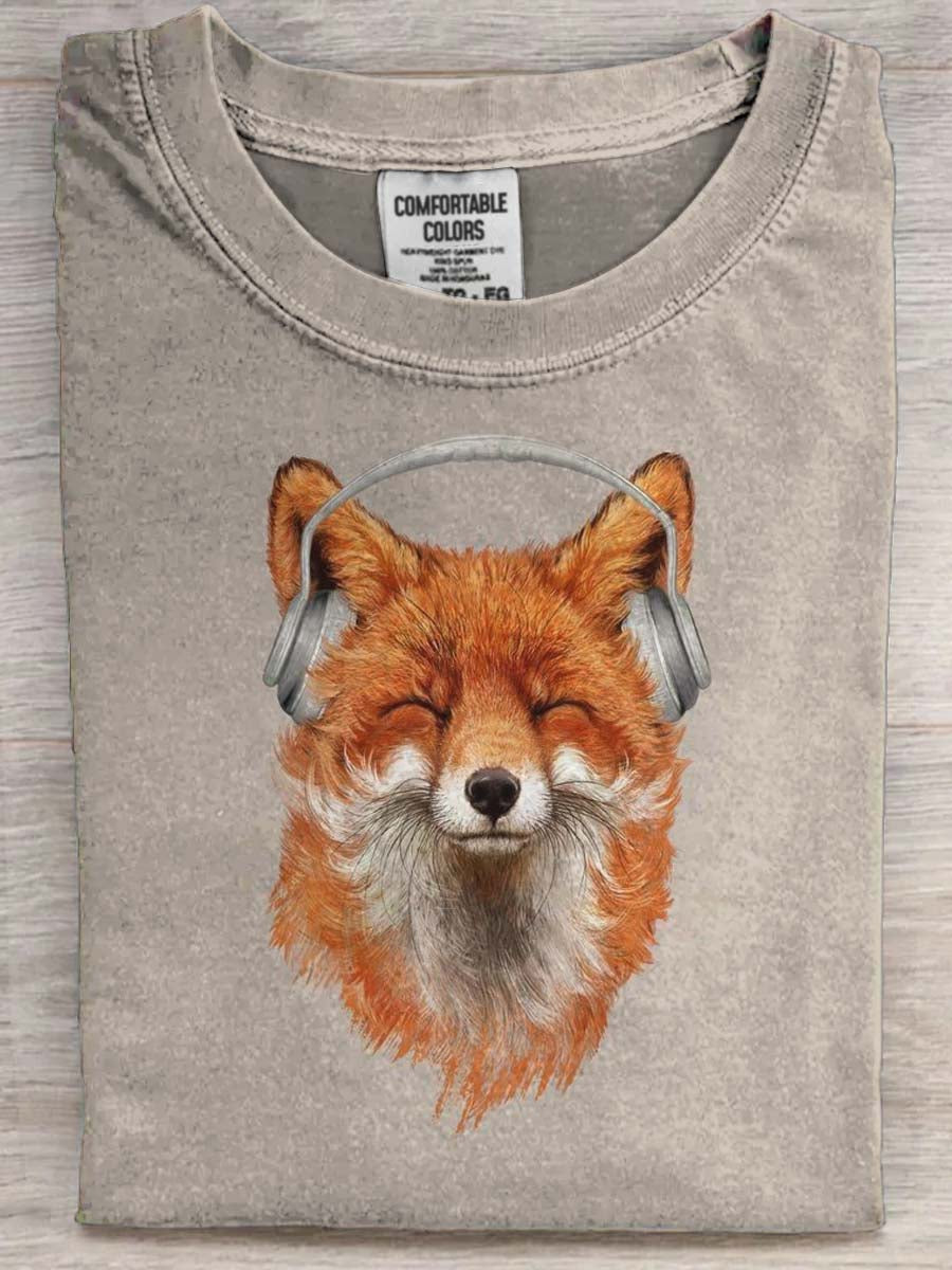Fox Print Casual Koszulka z krótkim rękawem ze słuchawkami