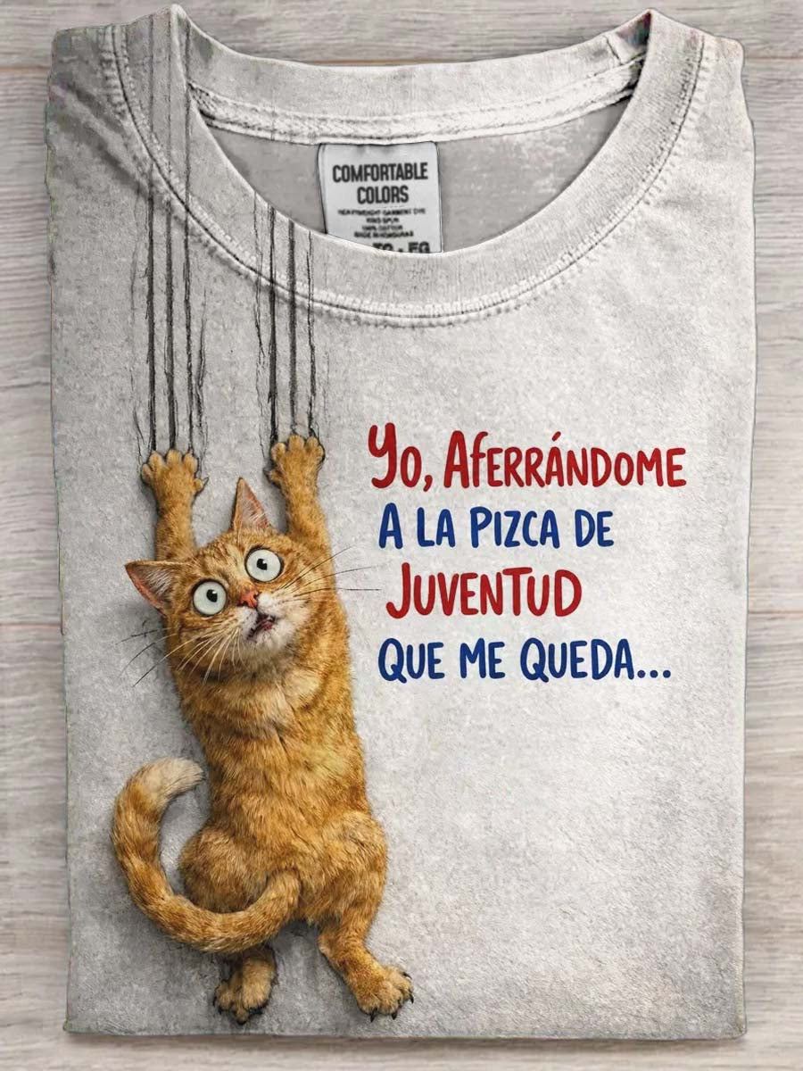 Funny Cat Print Casual Koszulka z krótkim rękawem